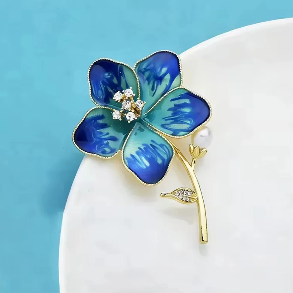 Blue Floral Blossom Gold Brooch